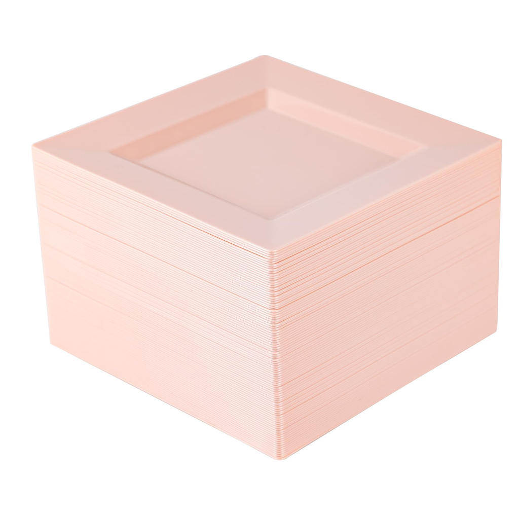 Pale blush-pink square plates stacked on white, showing the broad angular rim and shallow square well. Representative selection from the 100-plate pack.