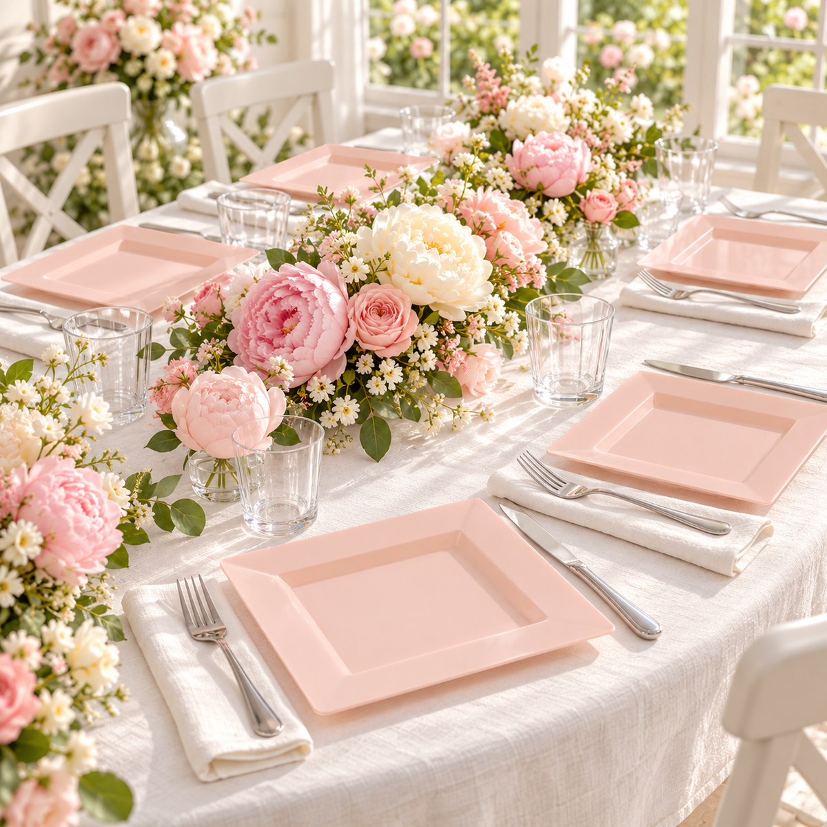 Pink square plates: Pink Square Plates  wide party table. Representative arrangement; styling props not included.