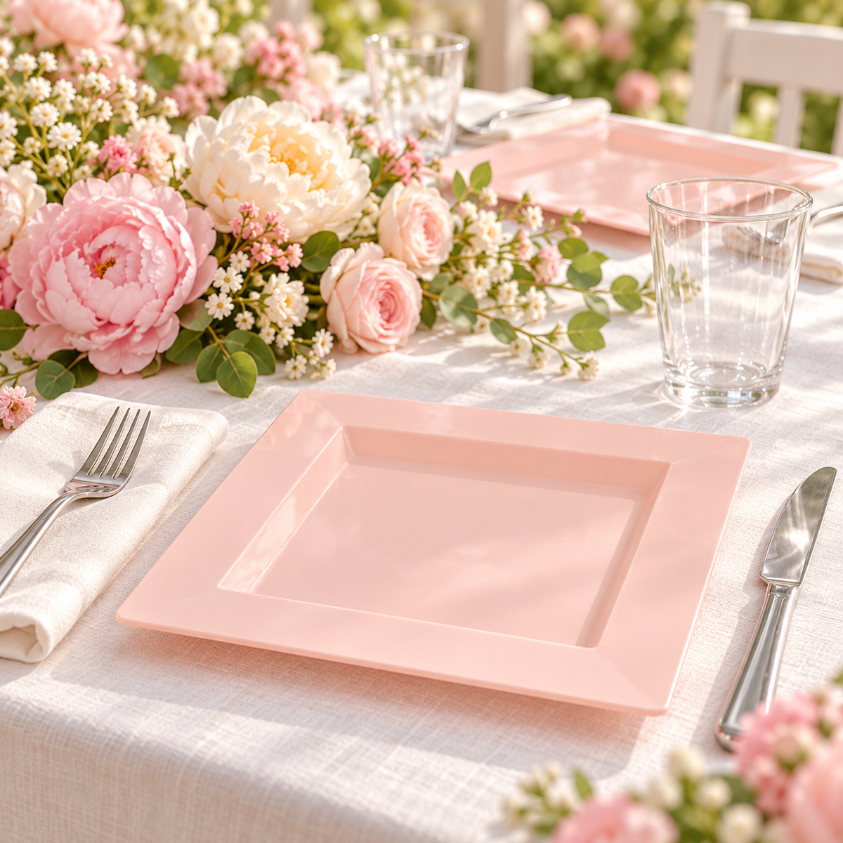 Pink square plates: Pink Square Plates  guest view. Representative arrangement; styling props not included.