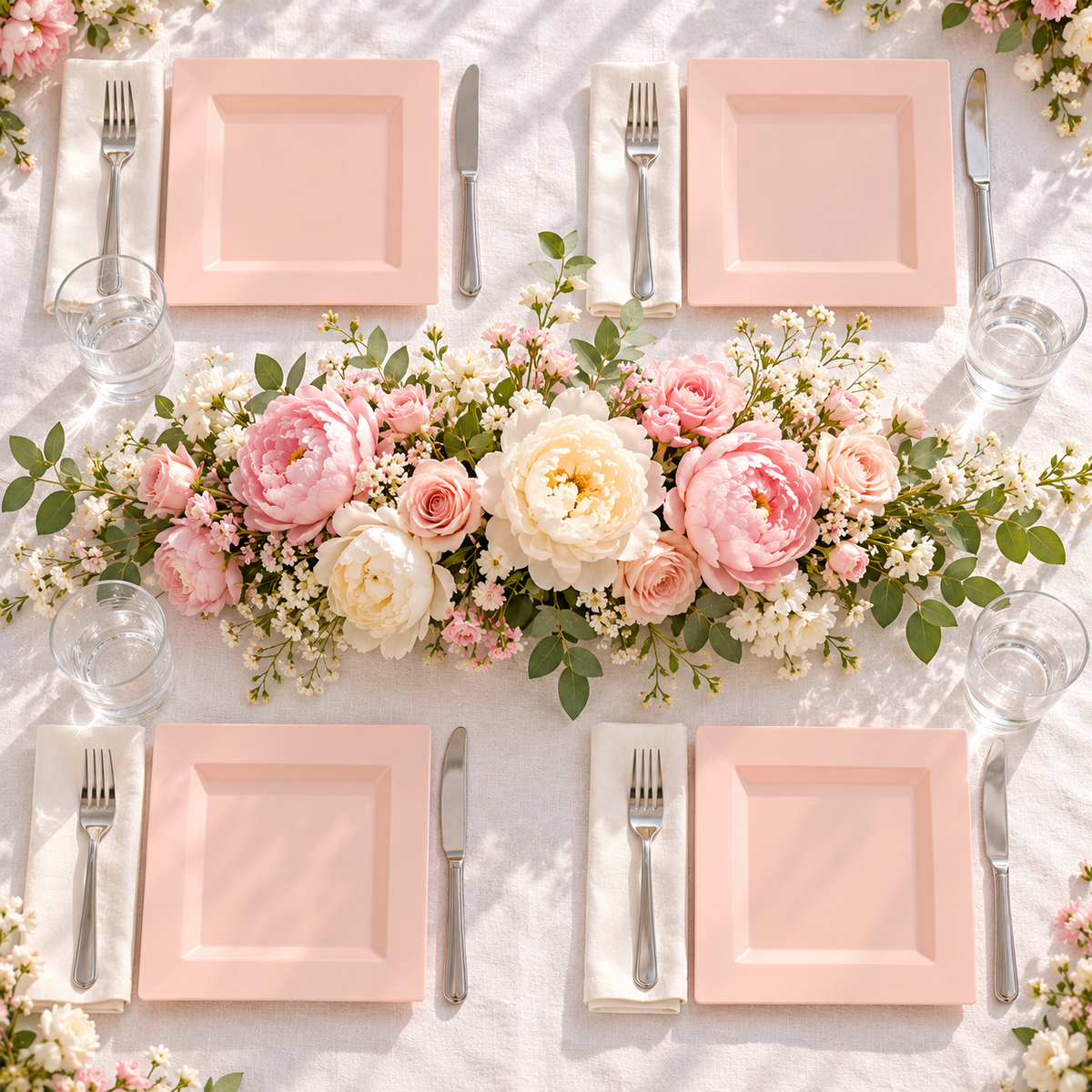 Pink square plates: Pink Square Plates  overhead table. Representative arrangement; styling props not included.