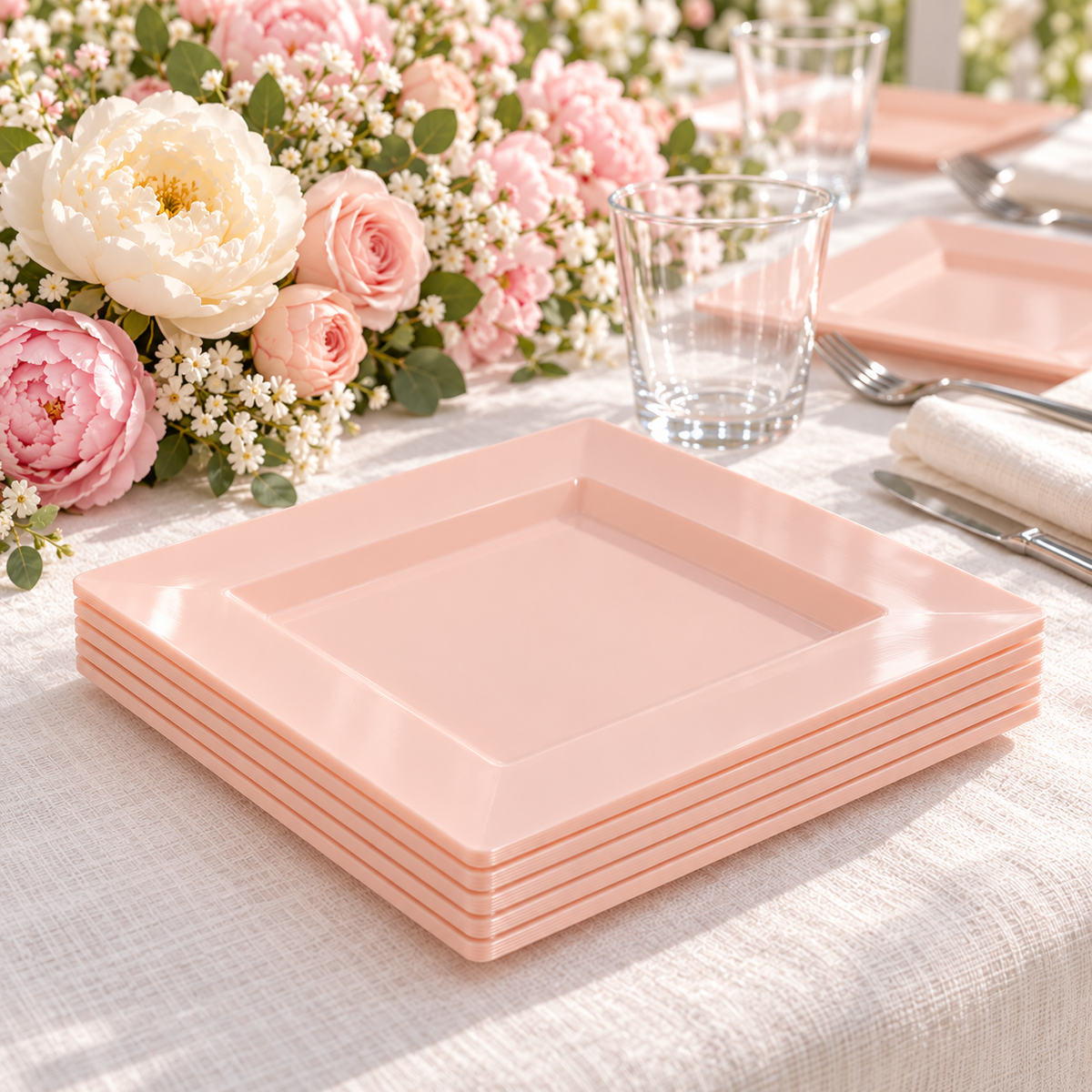 Pink square plates: Pink Square Plates  material detail. Representative arrangement; styling props not included.