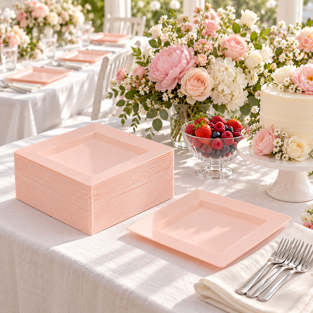 Pink square plates: Pink Square Plates  serving area. Representative arrangement; styling props not included.