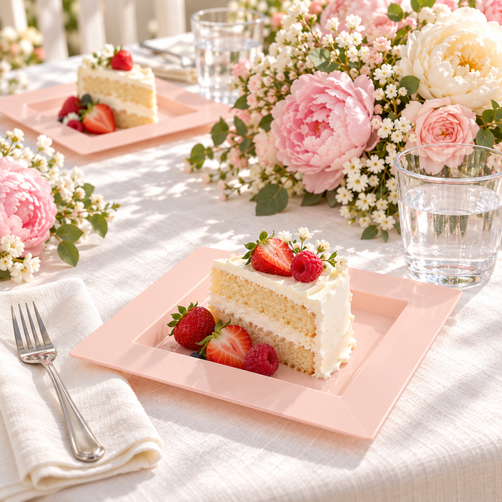 Pink square plates: Pink Square Plates  food use. Representative arrangement; styling props not included.