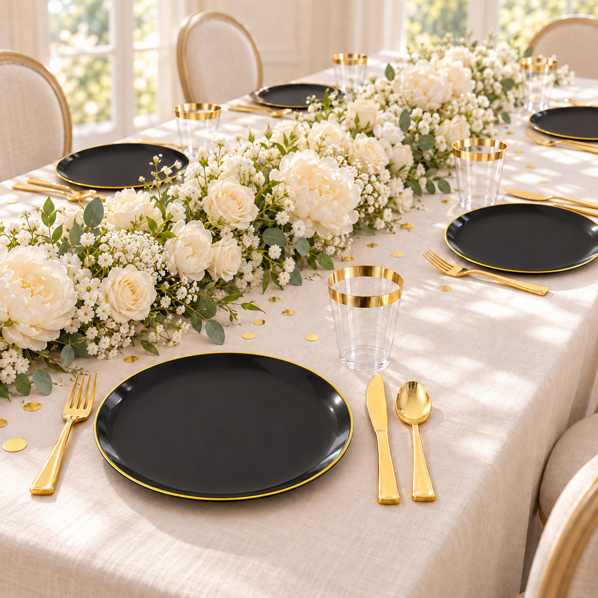 Black single-gold-rim party tableware: cream linen event table. Representative arrangement; styling props not included.