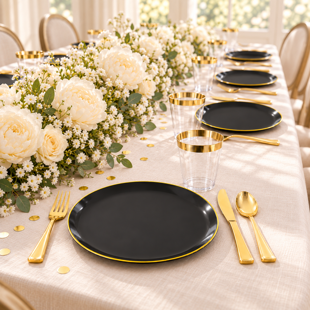 Black single-gold-rim party tableware: guest perspective cream table. Representative arrangement; styling props not included.