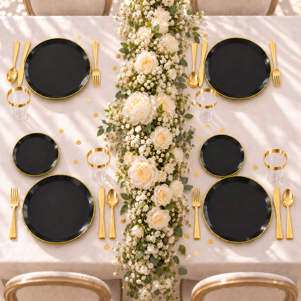 Black single-gold-rim party tableware: full guest overhead cream table spoon fixed. Representative arrangement; styling props not included.