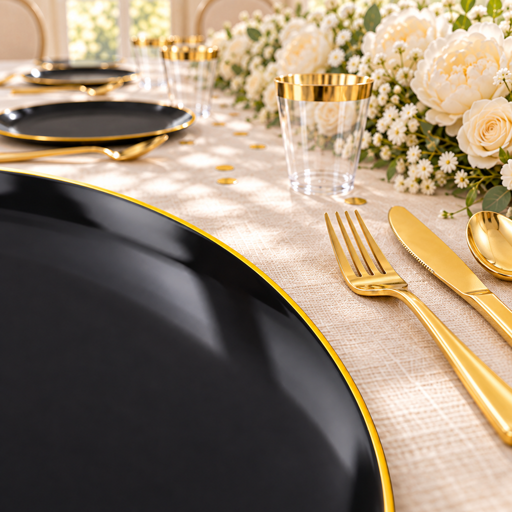 Black single-gold-rim party tableware: single gold rim cream table detail. Representative arrangement; styling props not included.