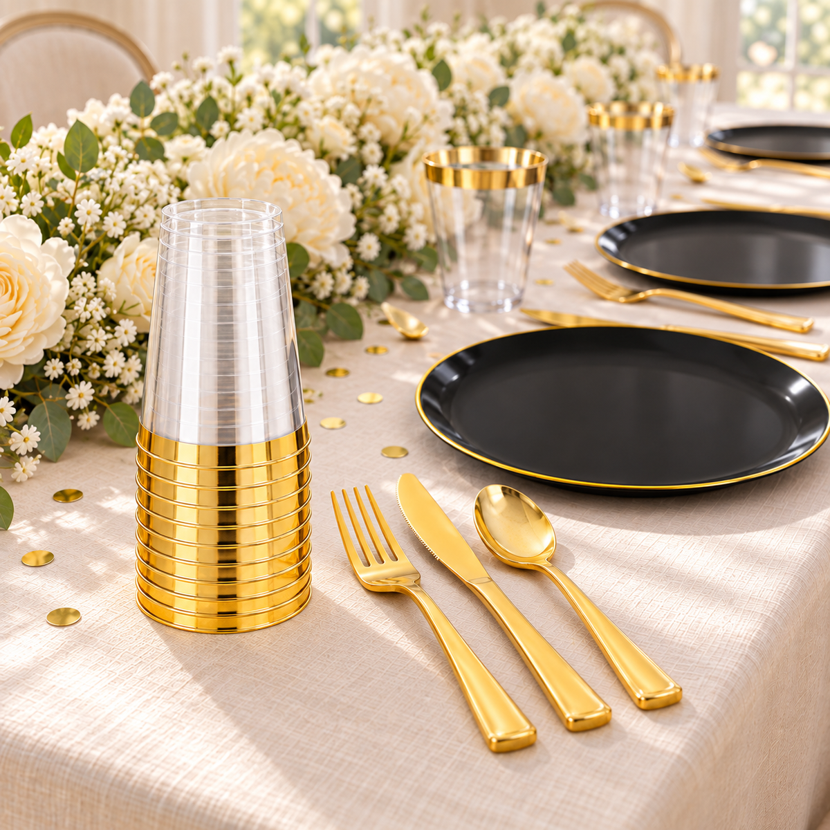 Black single-gold-rim party tableware: cup stack cream table context. Representative arrangement; styling props not included.