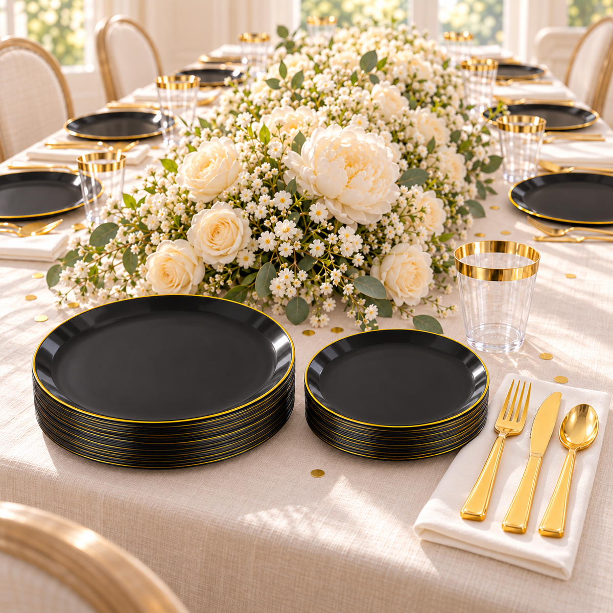 Black single-gold-rim party tableware: two size serving station cream table. Representative arrangement; styling props not included.