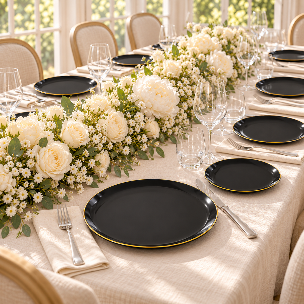 Black plates with gold rims: full party table. Food and styling props not included.