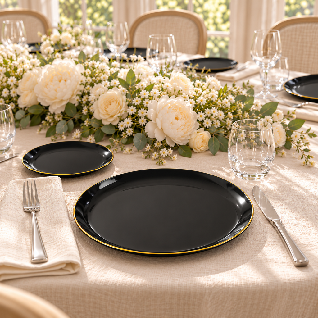 Black plates with gold rims: guest viewpoint. Food and styling props not included.