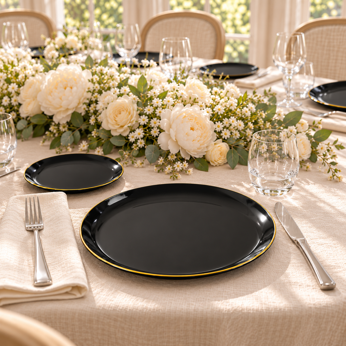 Black plates with gold rims: guest viewpoint. Food and styling props not included.