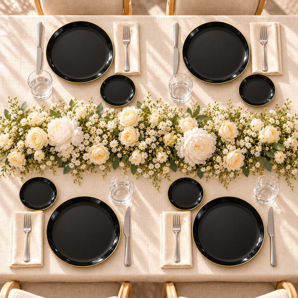 Black plates with gold rims: overhead party layout. Food and styling props not included.