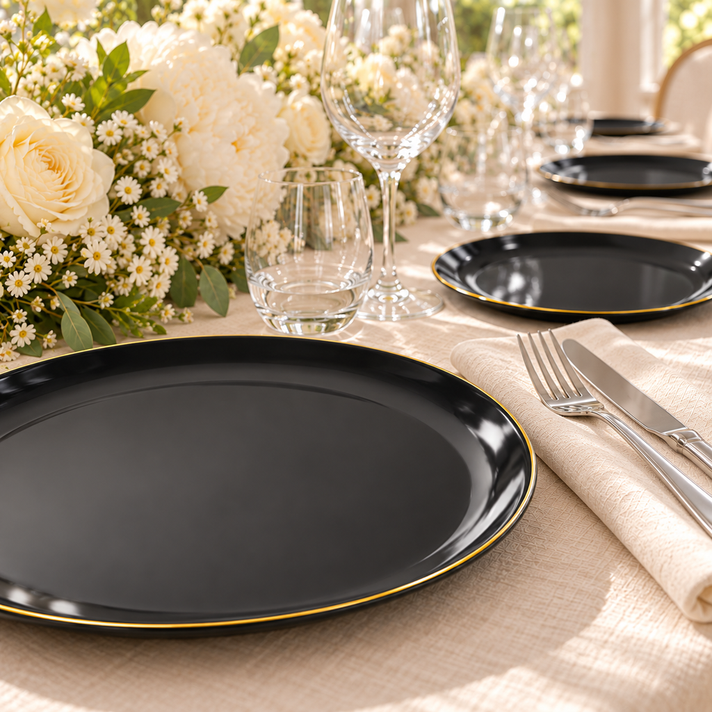 Black plates with gold rims: contextual rim detail. Food and styling props not included.
