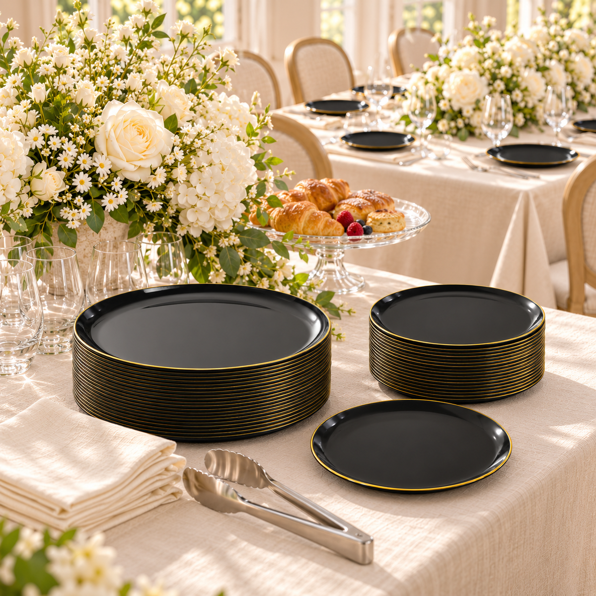 Black plates with gold rims: serving station. Food and styling props not included.