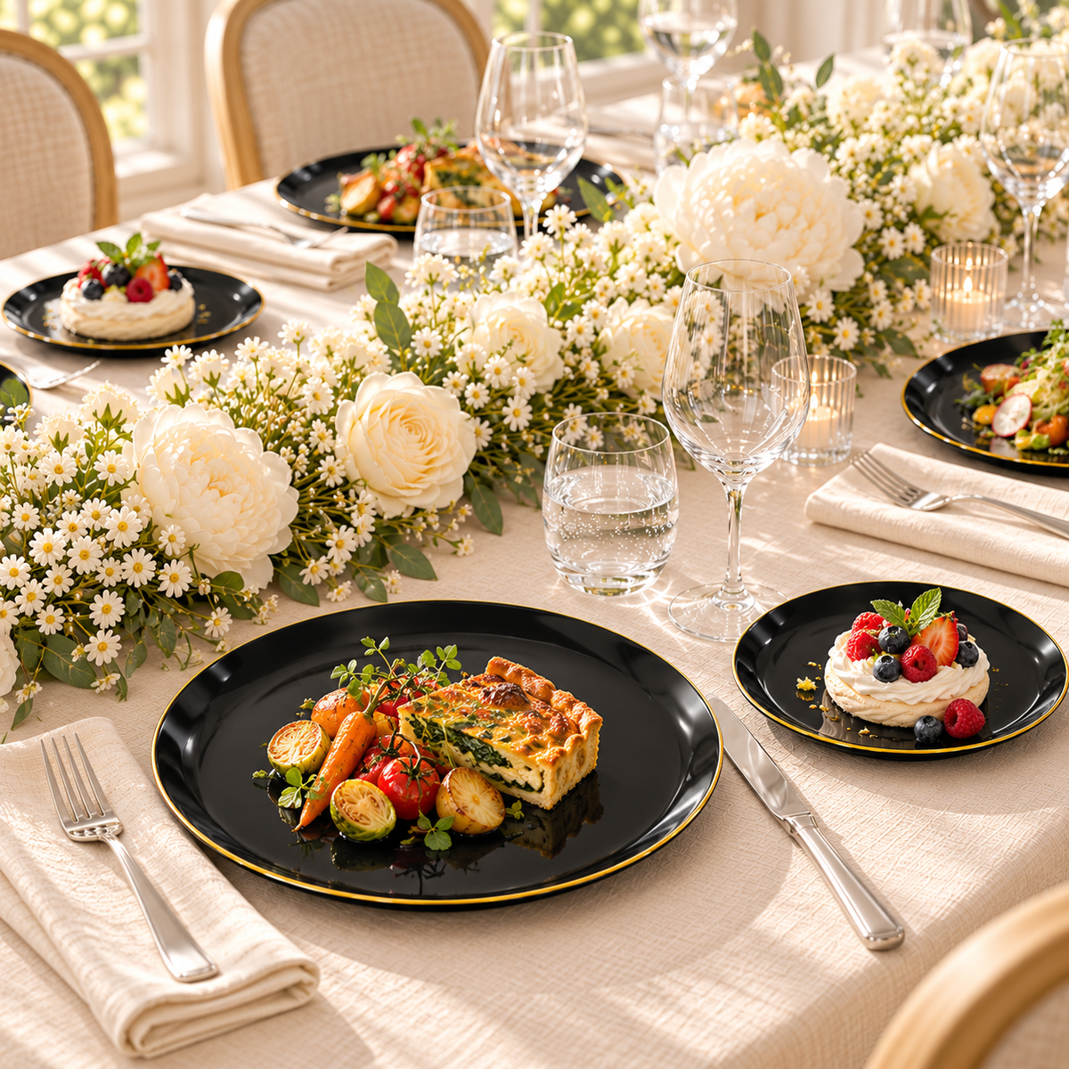 Black plates with gold rims: food use. Food and styling props not included.