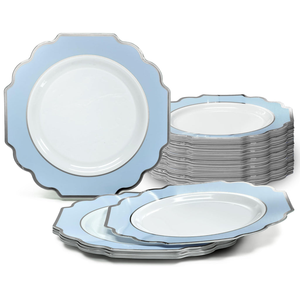 Genuine product photo of white appetizer plates with pale-blue ornamental borders and silver trim, reframed on white. Representative selection from the pack; styling props not included.