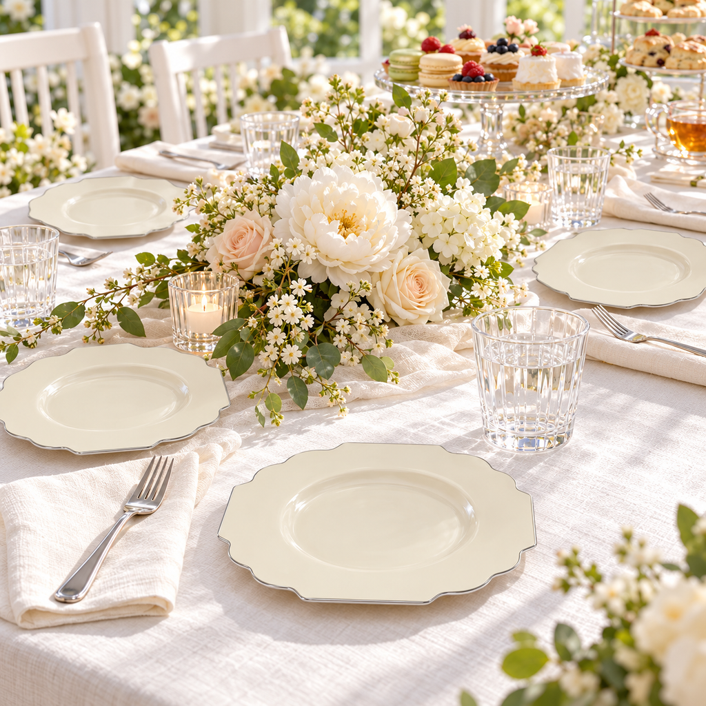 Ivory Plates with Silver Trim, 6 in, 10 pc — full-table Food and styling props not included.