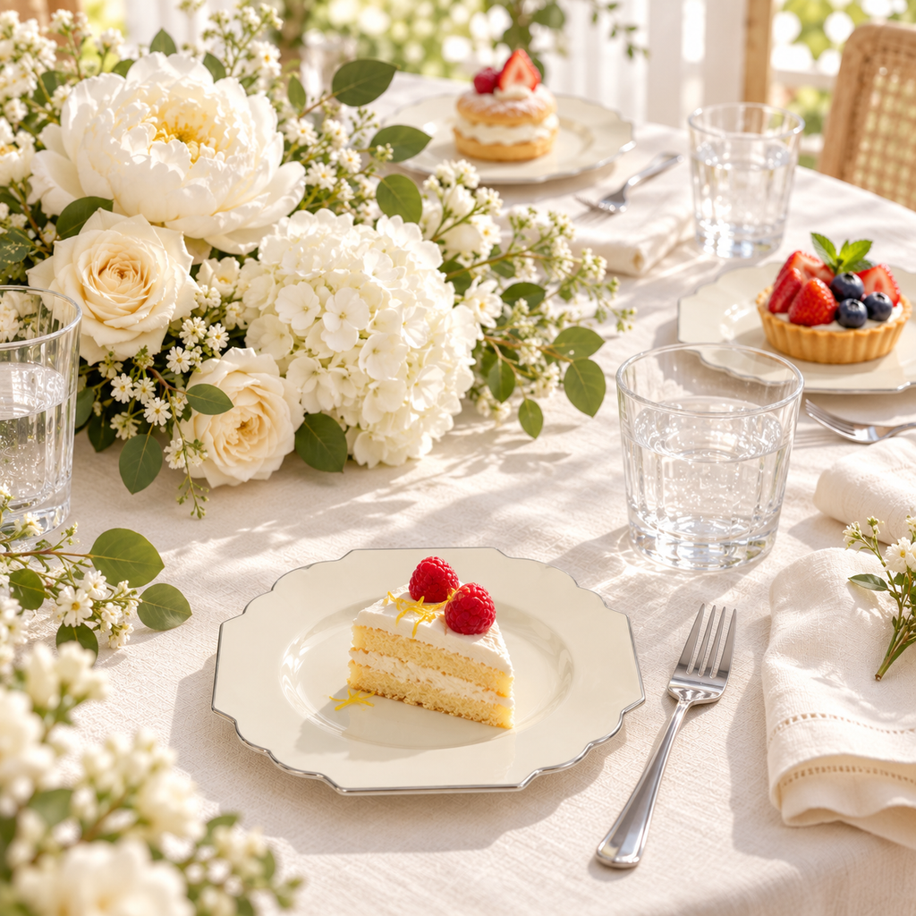 Ivory Plates with Silver Trim, 6 in, 10 pc — food-use Food and styling props not included.