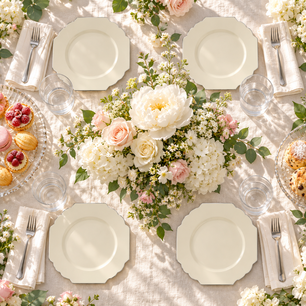 Ivory Plates with Silver Trim, 6 in, 10 pc — overhead Food and styling props not included.