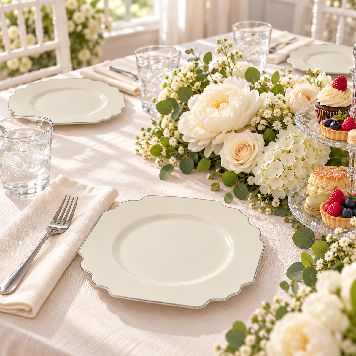 Ivory Plates with Silver Trim, 6 in, 10 pc — context-detail Food and styling props not included.