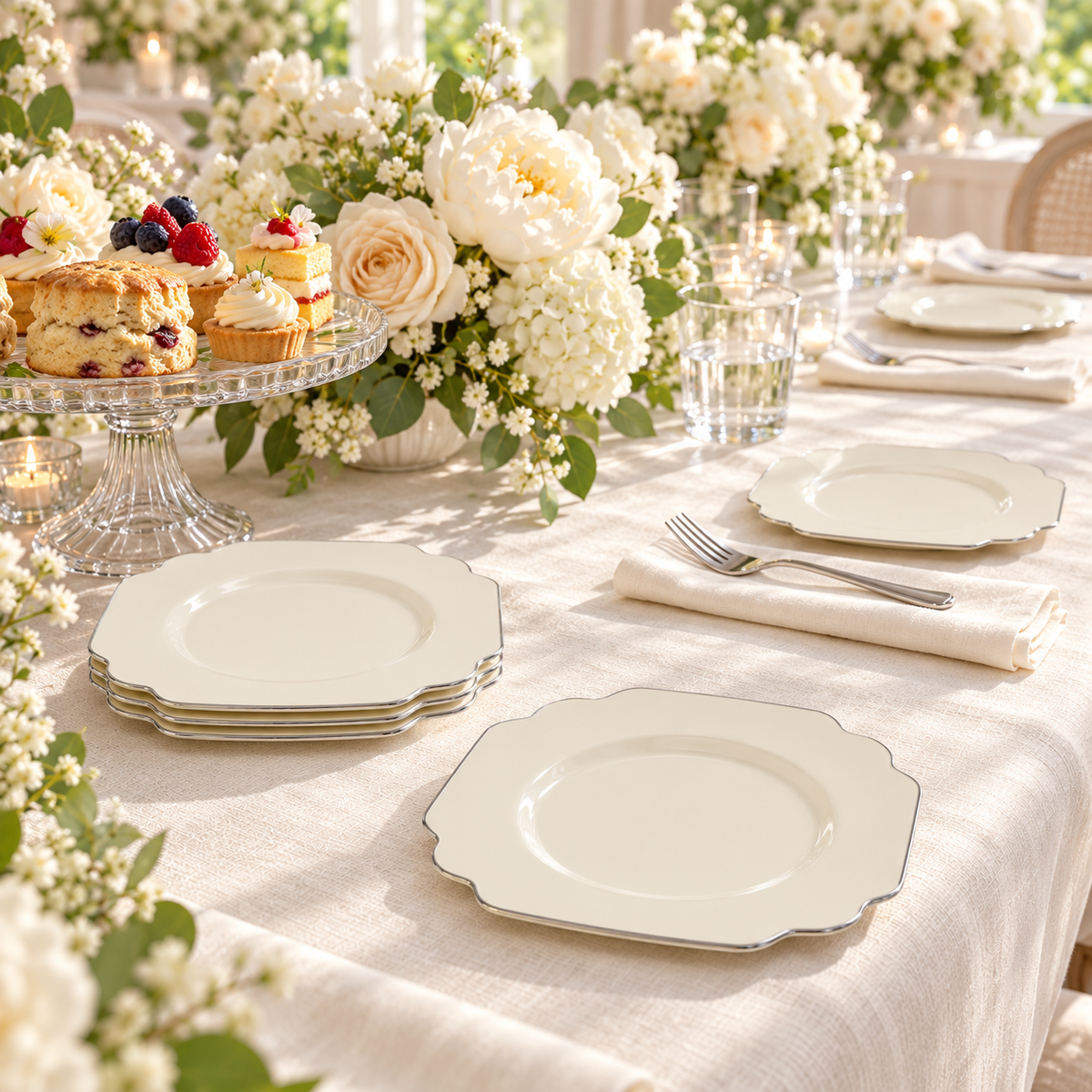 Ivory Plates with Silver Trim, 6 in, 10 pc — serving Food and styling props not included.