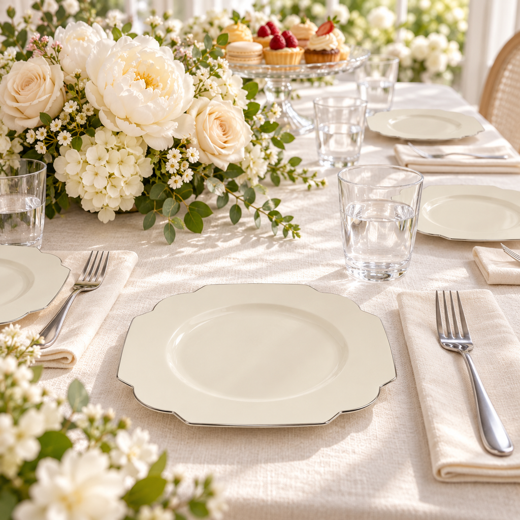 Ivory Plates with Silver Trim, 6 in, 10 pc — guest-place Food and styling props not included.