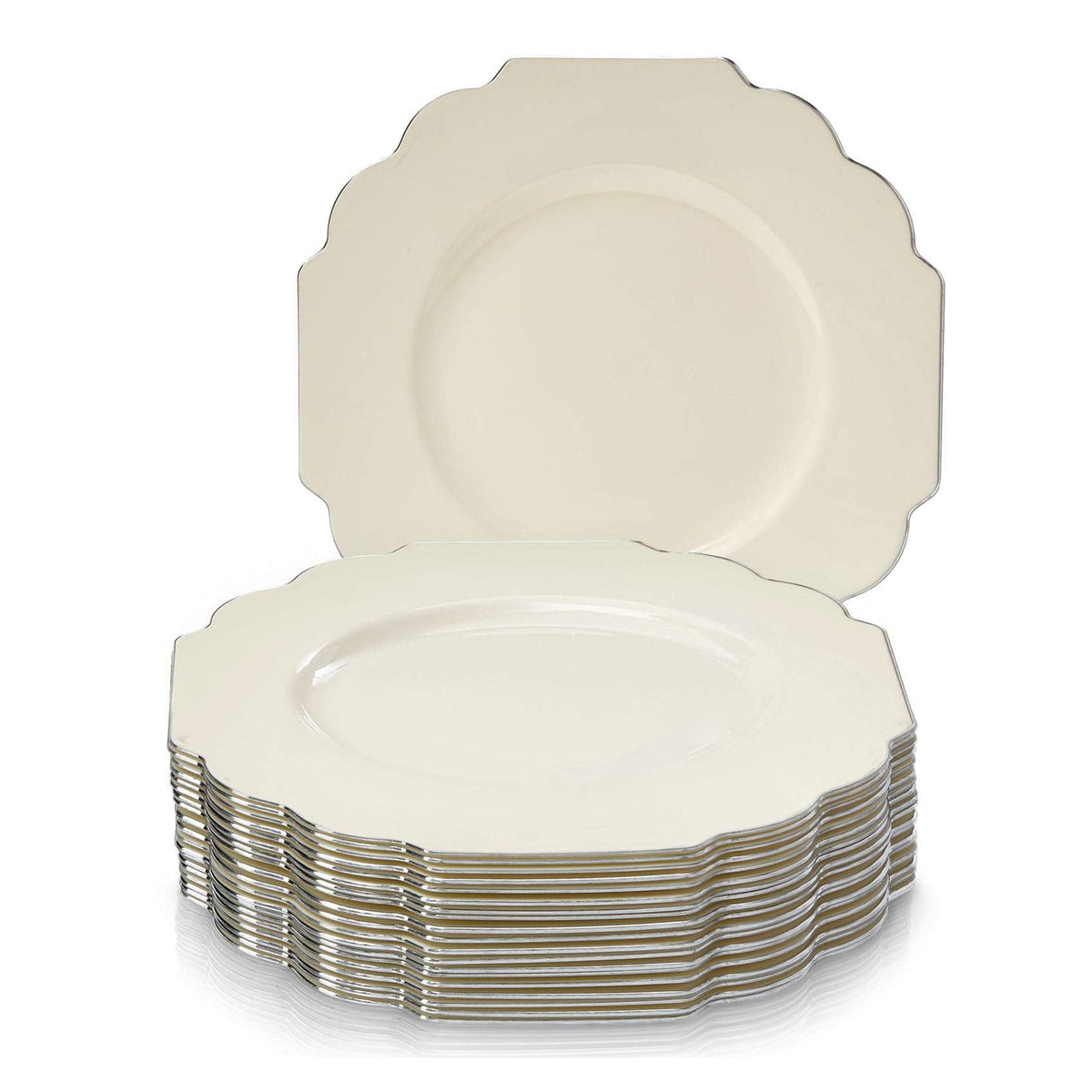 Ivory plates with a thin silver edge and ornamental outline on a white background. Representative selection from the pack; styling props not included.