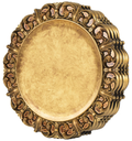 Antique gold decorative charger plates with embossed scroll rims against a white background. Representative arrangement from the set.
