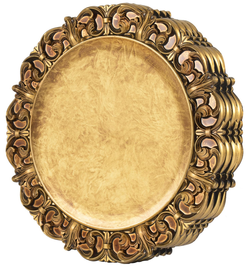 Antique gold decorative charger plates with embossed scroll rims against a white background. Representative arrangement from the set.