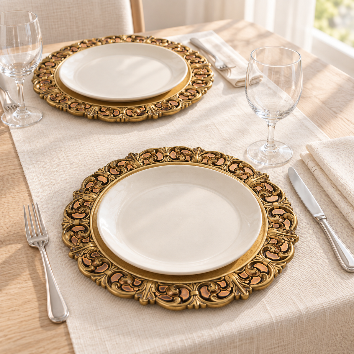 Antique gold scroll-rim chargers beneath separate ivory dinner plates in two bright window-lit table settings. Dinner plates and styling props not included.