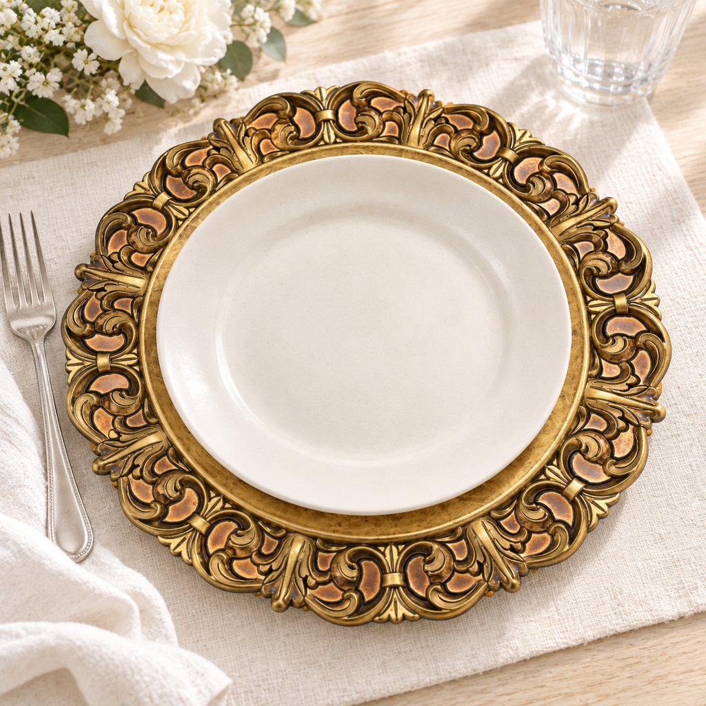 A plain ivory dinner plate resting on an antique gold charger with a visible embossed scroll border. Dinner plates and styling props not included.