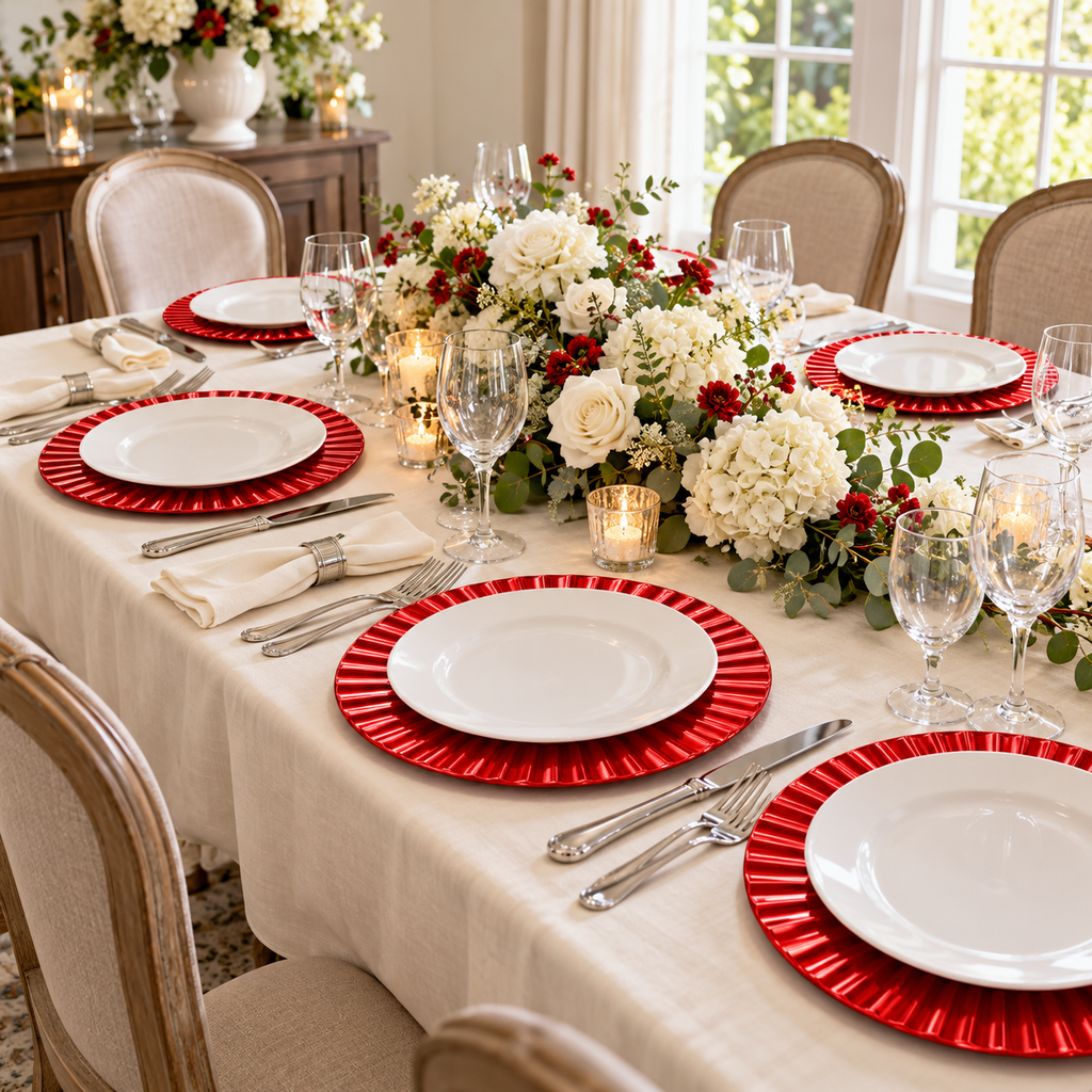 Waved Red Charger Plates, 13 in, Set of 6 — full party table Food and styling props not included.