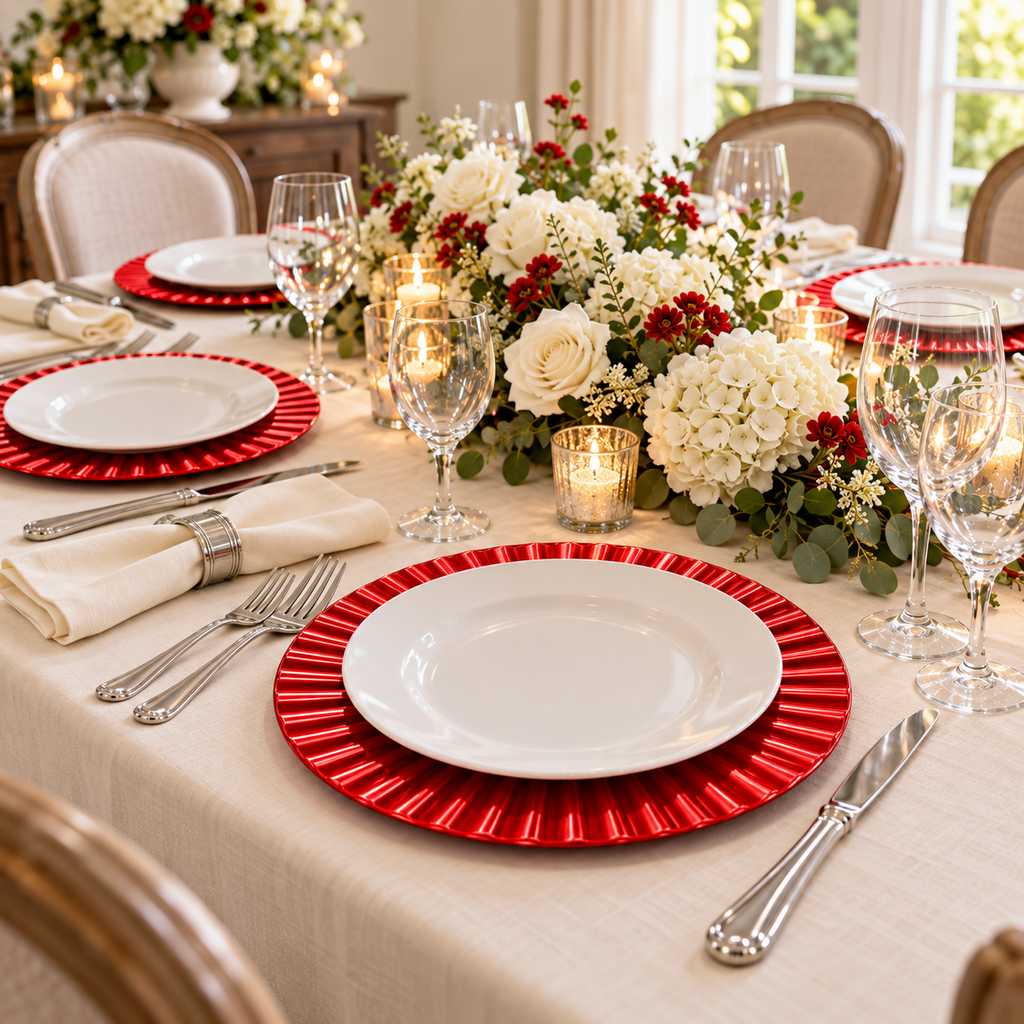 Waved Red Charger Plates, 13 in, Set of 6 — guest seat Food and styling props not included.