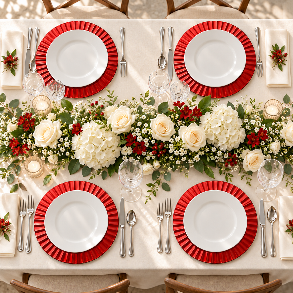 Waved Red Charger Plates, 13 in, Set of 6 — overhead Food and styling props not included.