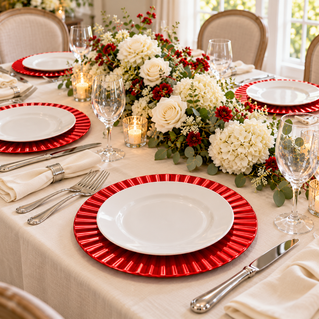 Waved Red Charger Plates, 13 in, Set of 6 — moderate fluted border detail Food and styling props not included.