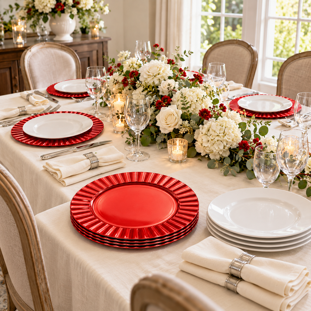 Waved Red Charger Plates, 13 in, Set of 6 — empty chargers host setup Food and styling props not included.