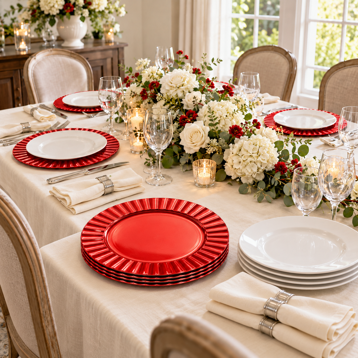 Waved Red Charger Plates, 13 in, Set of 6 — empty chargers host setup Food and styling props not included.