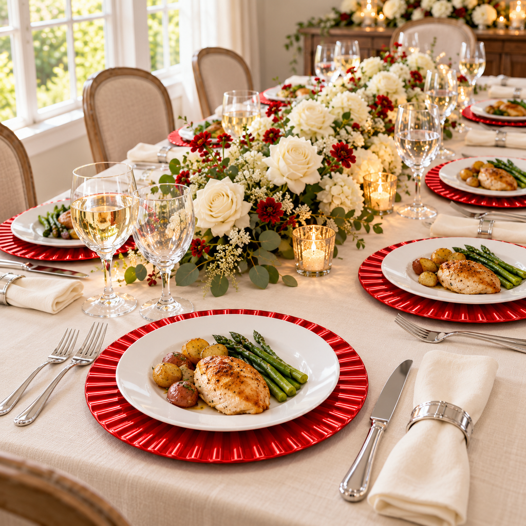 Waved Red Charger Plates, 13 in, Set of 6 — food exclusively on separate white dinner plate Food and styling props not included.