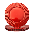 Metallic red decorative charger plates with a broad fluted rim, shown against a white background.