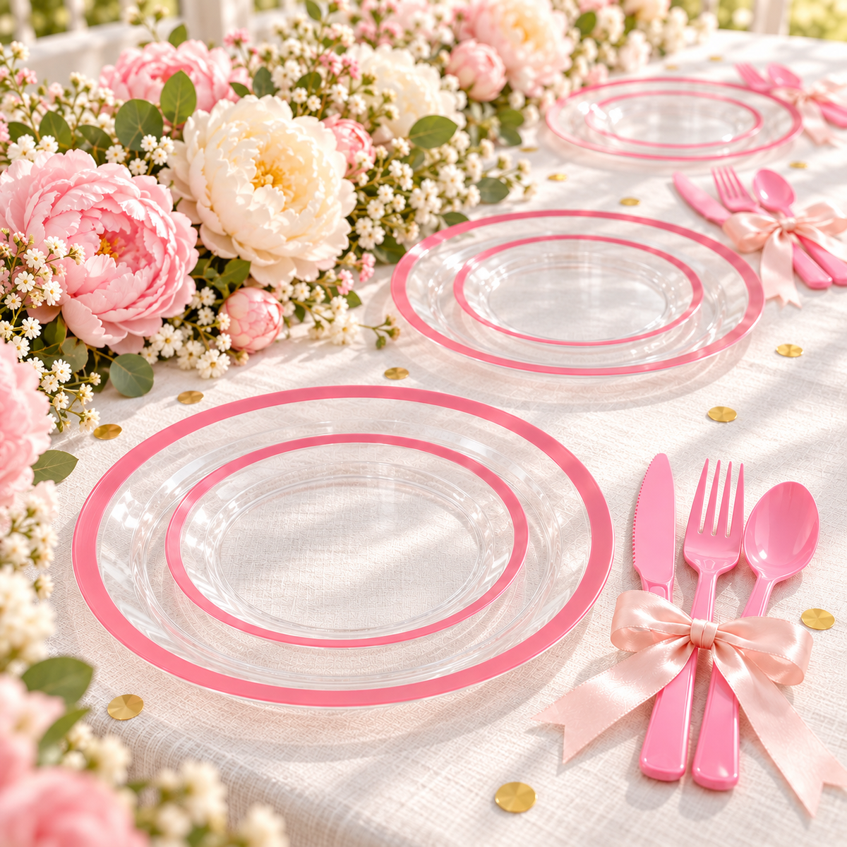 Clear round pink-rim plates and pink cutlery at repeated guest places on white linen beside a continuous pink and cream floral centerpiece; ribbons and confetti are styling props. Styling props not included.