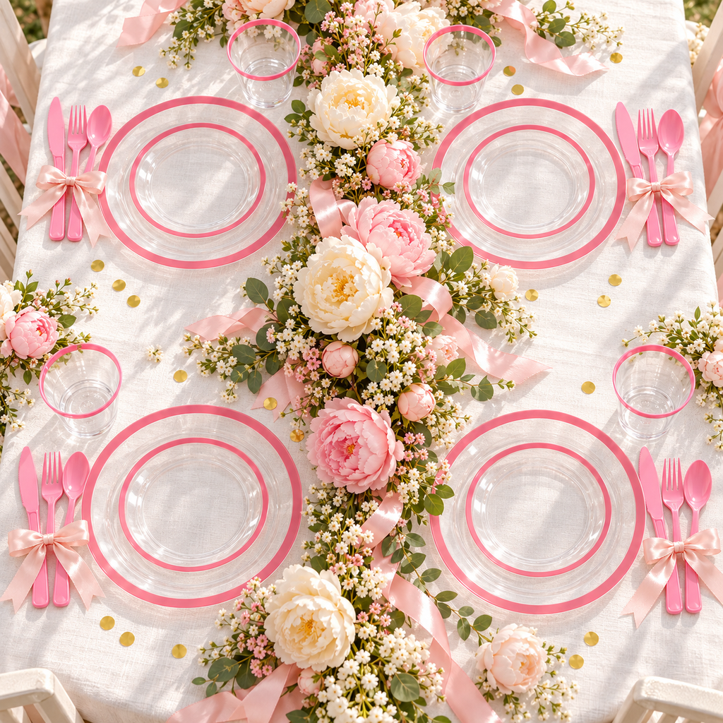 Overhead party table with four nested clear pink-rim plate settings, pink-rim cups and pink cutlery around a pink and cream floral centerpiece on white linen. Styling props not included.