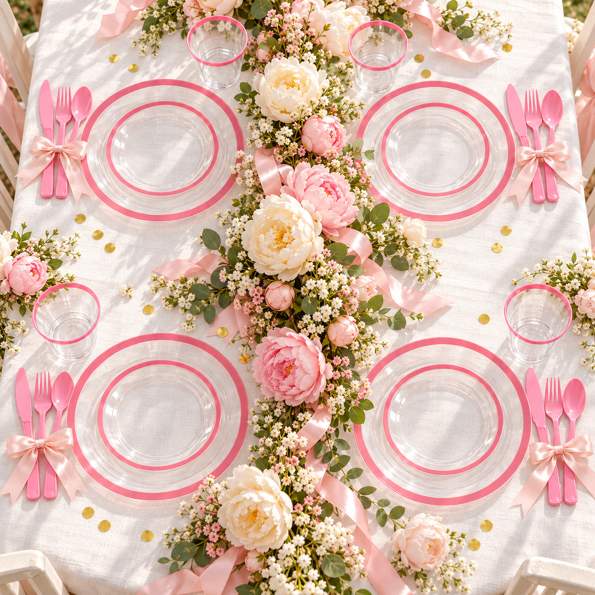Overhead party table with four nested clear pink-rim plate settings, pink-rim cups and pink cutlery around a pink and cream floral centerpiece on white linen. Styling props not included.