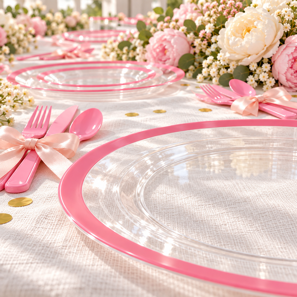 Close detail of a clear plate and broad pink outer rim showing linen through the well, with coordinated guest settings, pink cutlery and flowers continuing behind it. Styling props not included.