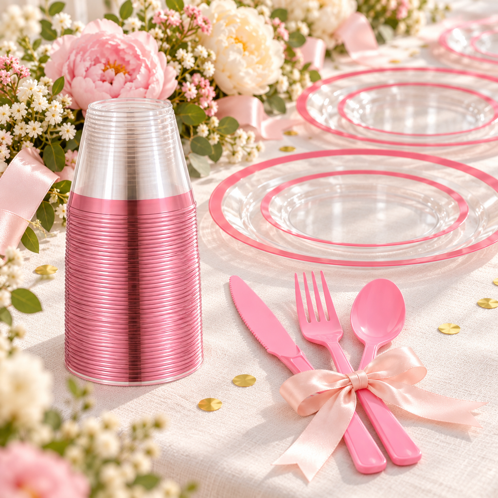 Inverted stack of clear pink-rim cups beside a pink knife, four-tine fork and oval spoon, with clear pink-rim plate settings and floral party styling behind. Styling props not included.