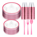 Clear pink-rim round plates and inverted cup stacks with solid pink knife, fork and spoon on white.
