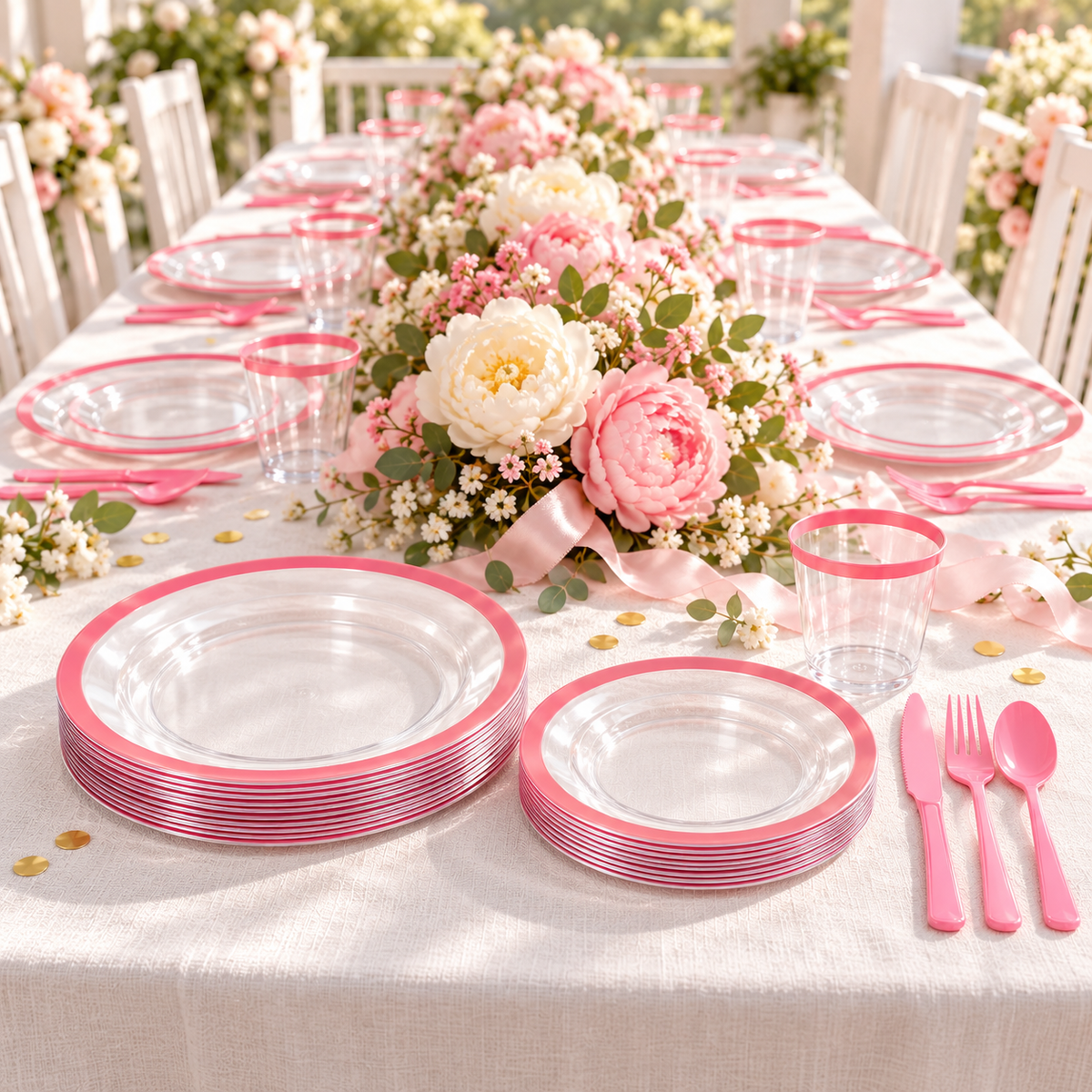 Clear pink-rim party tableware: host serving area party table. Representative arrangement; styling props not included.