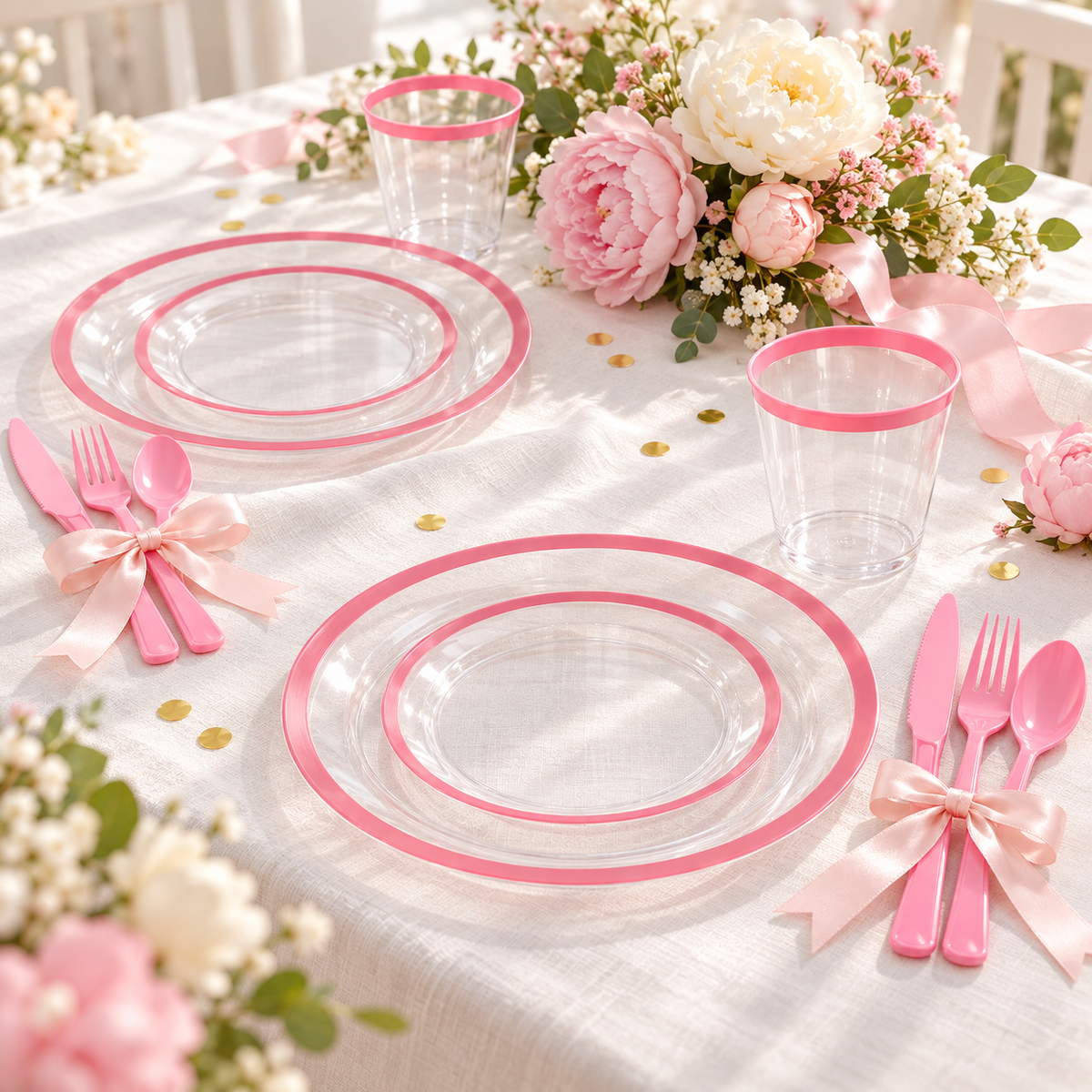 Clear round pink-rim plates, clear pink-rim cups and pink cutlery in two settings on white linen, styled with blush ribbons, pink and cream flowers, and small gold accents. Styling props not included.