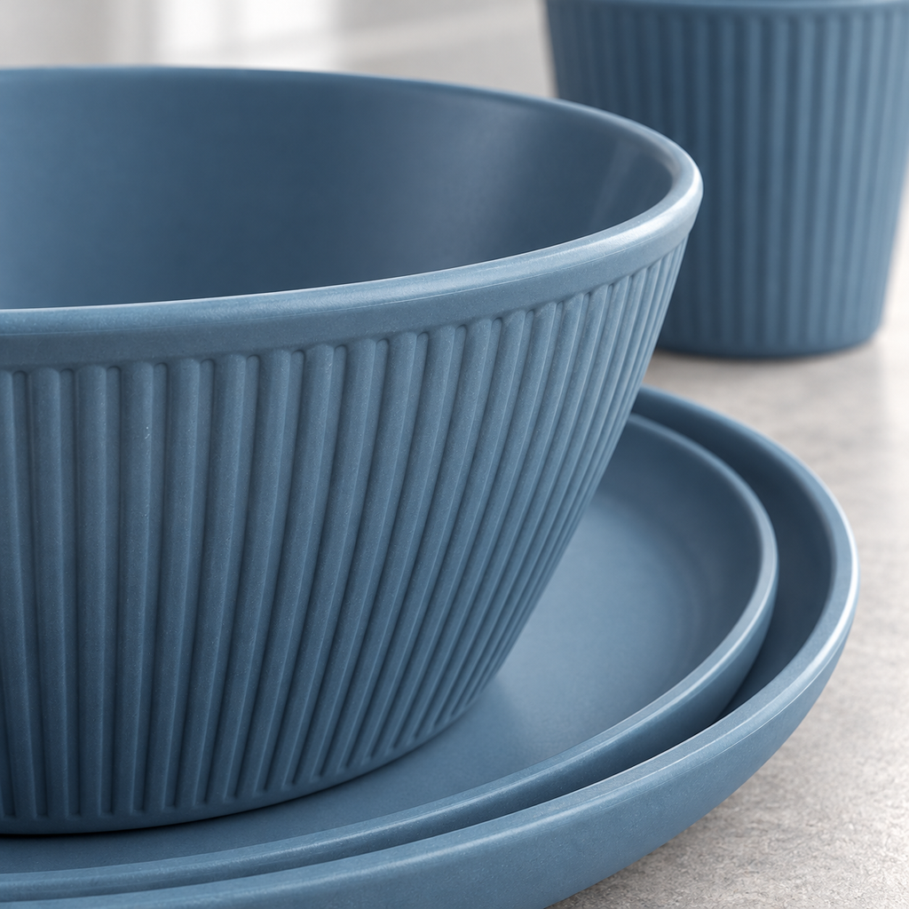 Dark blue wheat-straw dinnerware. Close construction and material detail. Representative subset; styling props not included.