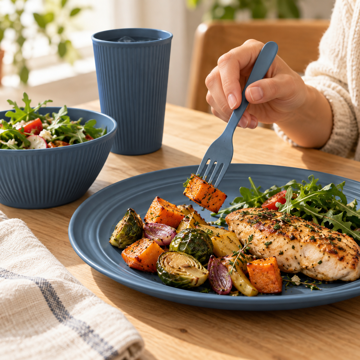 Dark blue wheat-straw dining pieces shown in actual hand use. Representative subset; food and styling props not included.